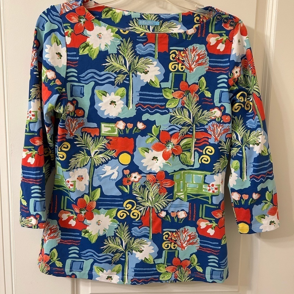 J. McLaughlin Blue and Red Tropical Print Top